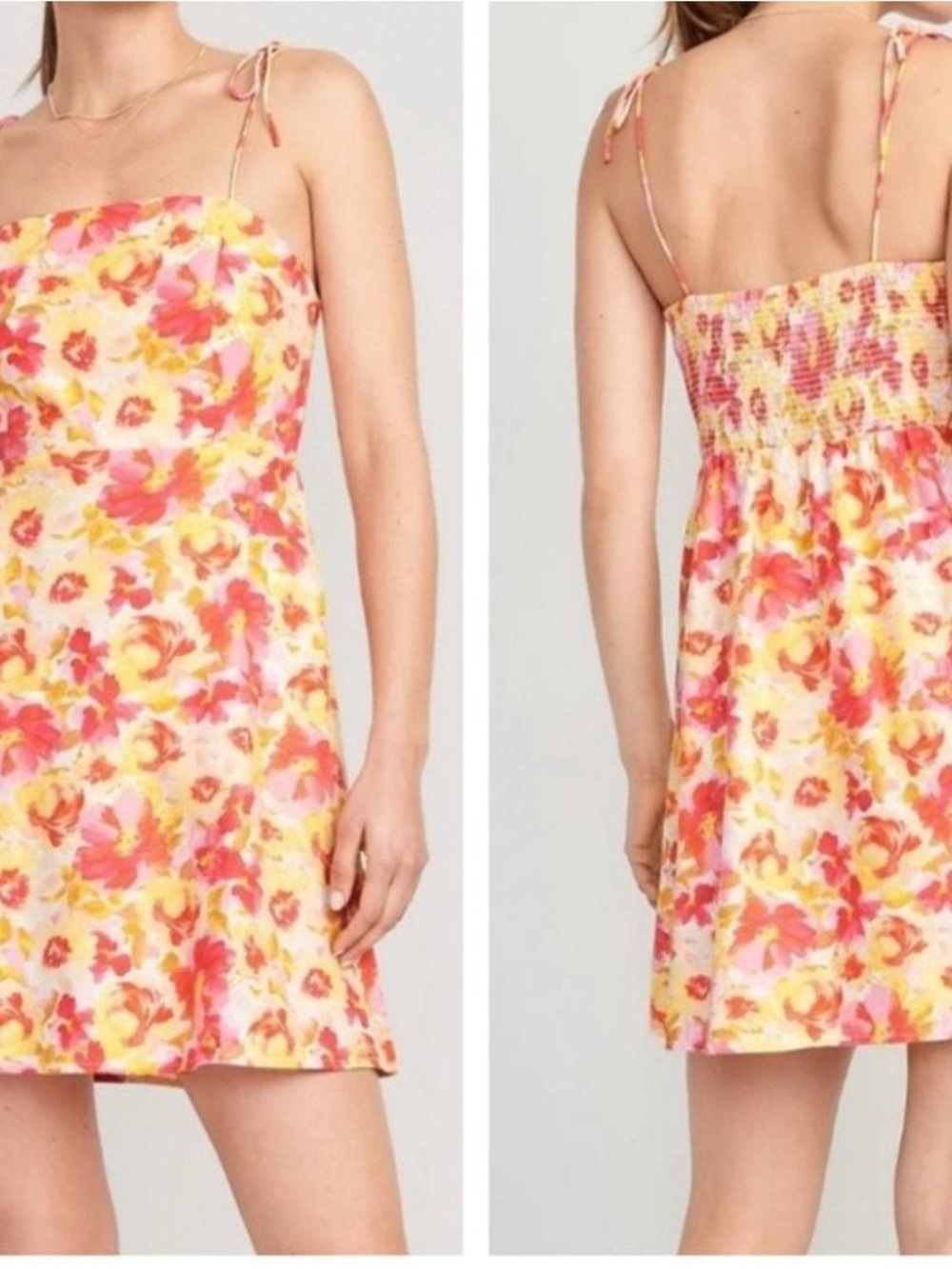 Floral Tie-Shoulder Sundress in Pink & Yellow